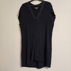 Vince Women Silk Tent Dress Black Size M, Leather Trim,V-Neck,Cap Sleeve Classic